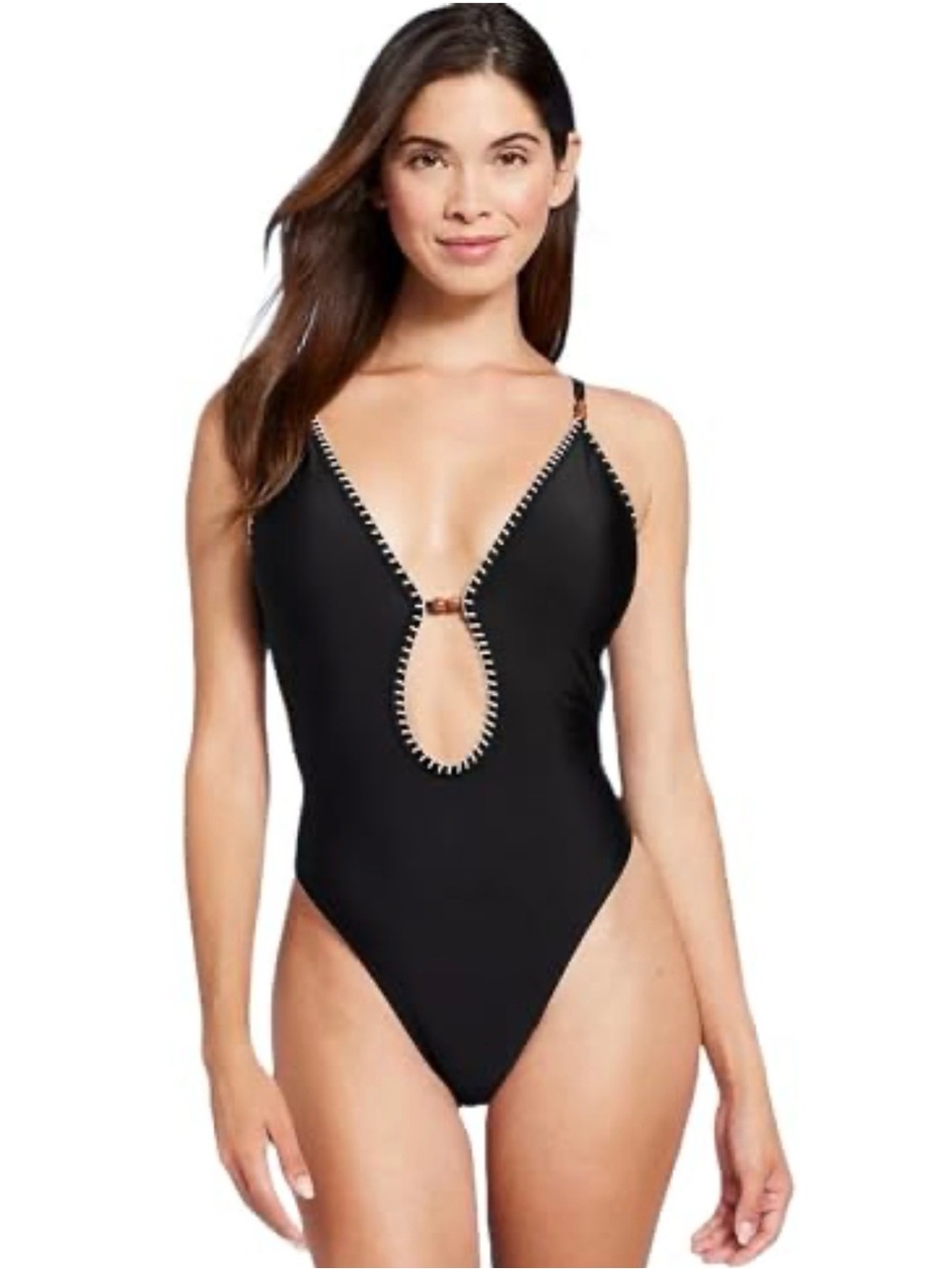 NWT Shade & Shore Plunge Beaded Black One-Piece Extra High Leg Cheeky Swimsuit M